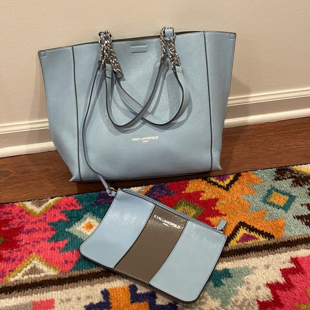 Karl Lagerfeld Vegan Leather Light Blue Bag Tote Purse w/ Pouchette Pouch